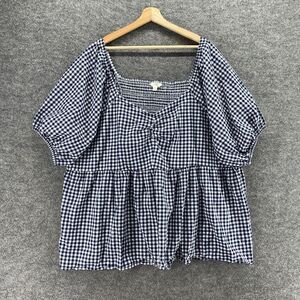 Terra & Sky Top Women Plus 4X Blue Plaid Short Sleeve Gathered Blouse Pullover